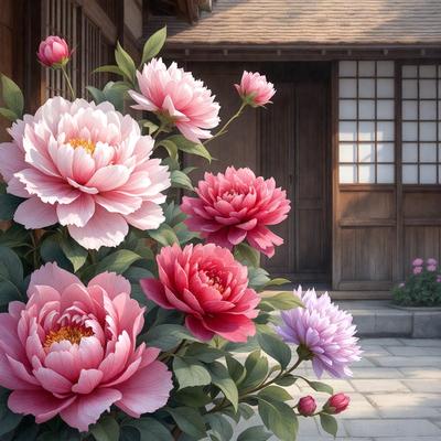 The primary subject of the image is a beautiful arrangement of pink flowers in a vase. The flowers are placed in front of a wooden door, creating a pleasant and inviting atmosphere. The setting appears to be a home or garden, with the flowers serving as a decorative element. The visual style of the image is a combination of photo and digital art, giving it a realistic yet artistic appearance. The dominant colors in the image are pink and white, which contribute to the overall mood of the scene.